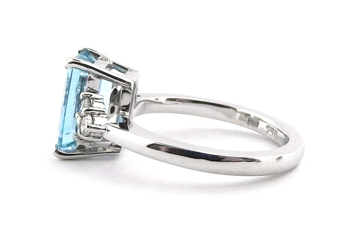 1.87ct Emerald cut Aquamarine set in a handmade 18ct white gold ring with six brilliant cut claw set diamonds