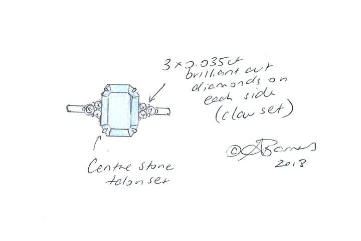 1.87ct Emerald cut Aquamarine set in a handmade 18ct white gold ring with six brilliant cut claw set diamonds
