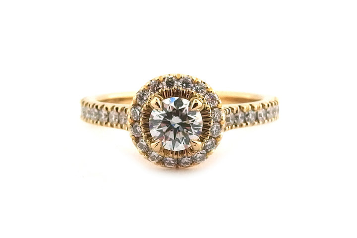 18ct all yellow gold round brilliant cut halo ring four claw set