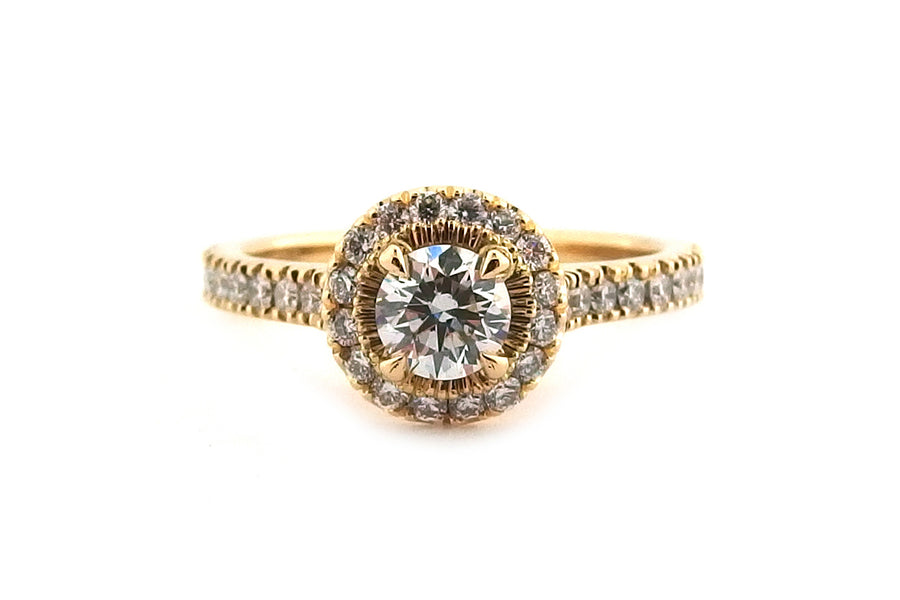 18ct all yellow gold round brilliant cut halo ring four claw set