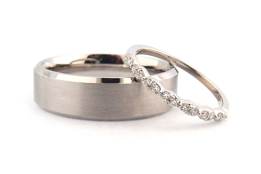 18ct white gold plain wedding band and a diamond set wedding band