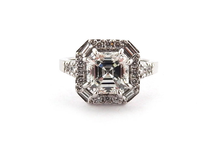 Art Deco inspired asscher cut halo ring