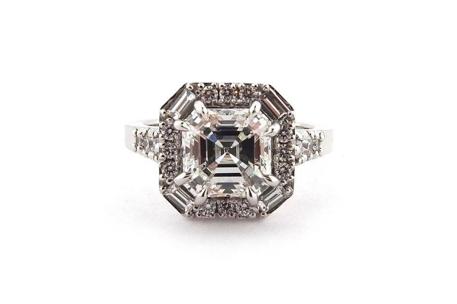 Art Deco inspired asscher cut halo ring