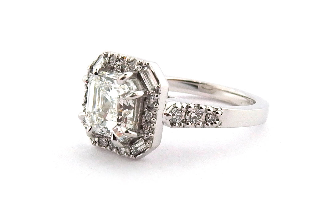 Art Deco inspired asscher cut halo ring