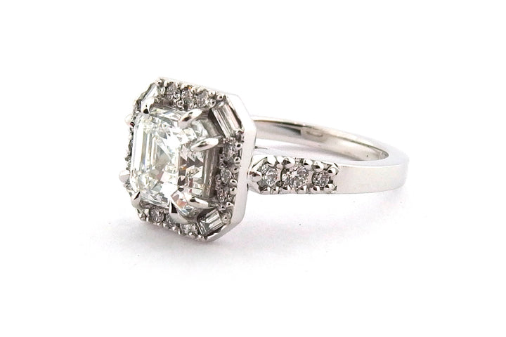 Art Deco inspired asscher cut halo ring