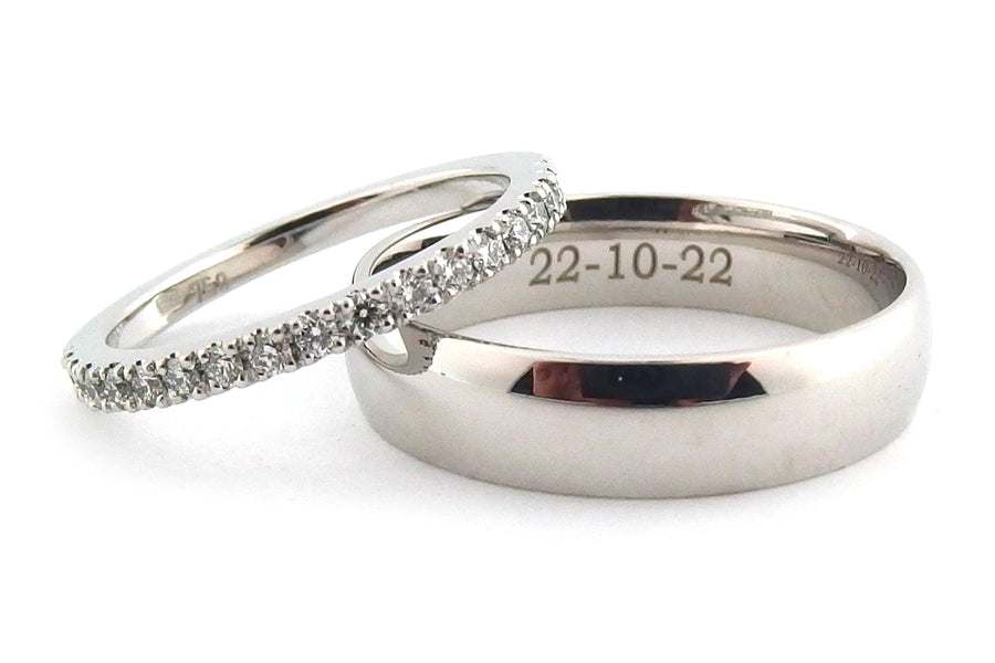 Diamond set womans wedding band and a classic mens wedding band