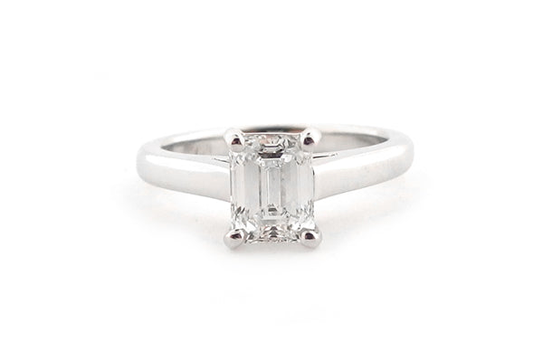 Emerald cut diamond claw set solitaire ring