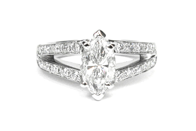 Marquise diamond ring with a split diamond set band