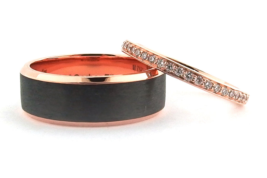 Rose gold and carbon fiber mens wedding band and a rose gold diamond set womans wedding band