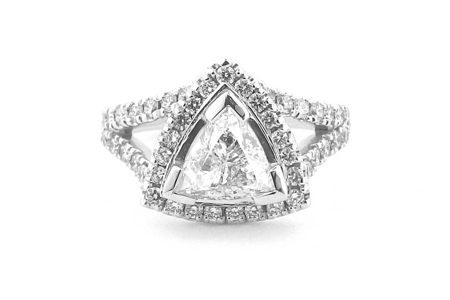 Trilliant cut diamond halo ring