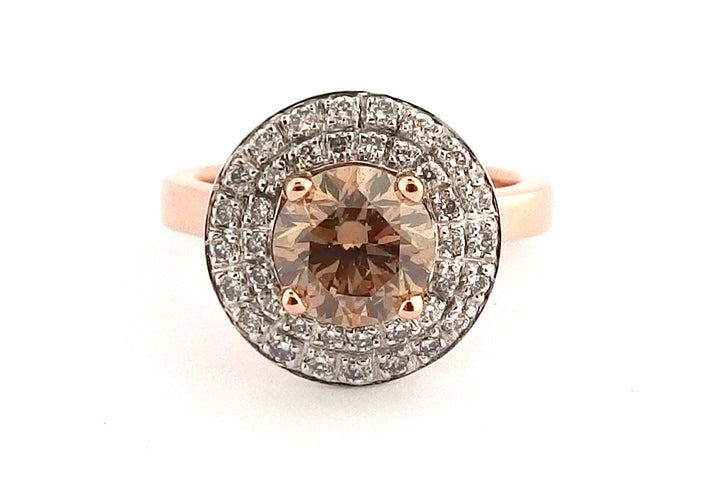 Two tone champagne diamond double halo ring