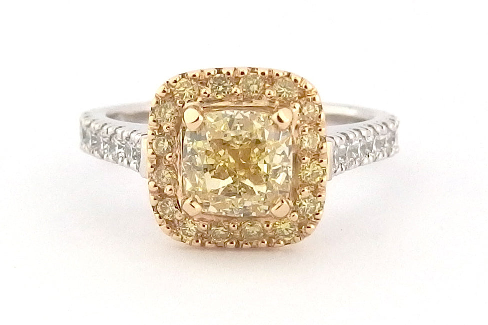 Two tone yellow diamond halo ring