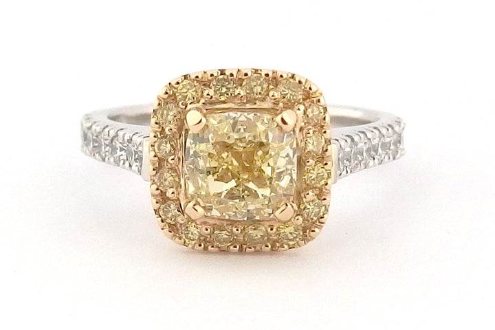 Two tone yellow diamond halo ring