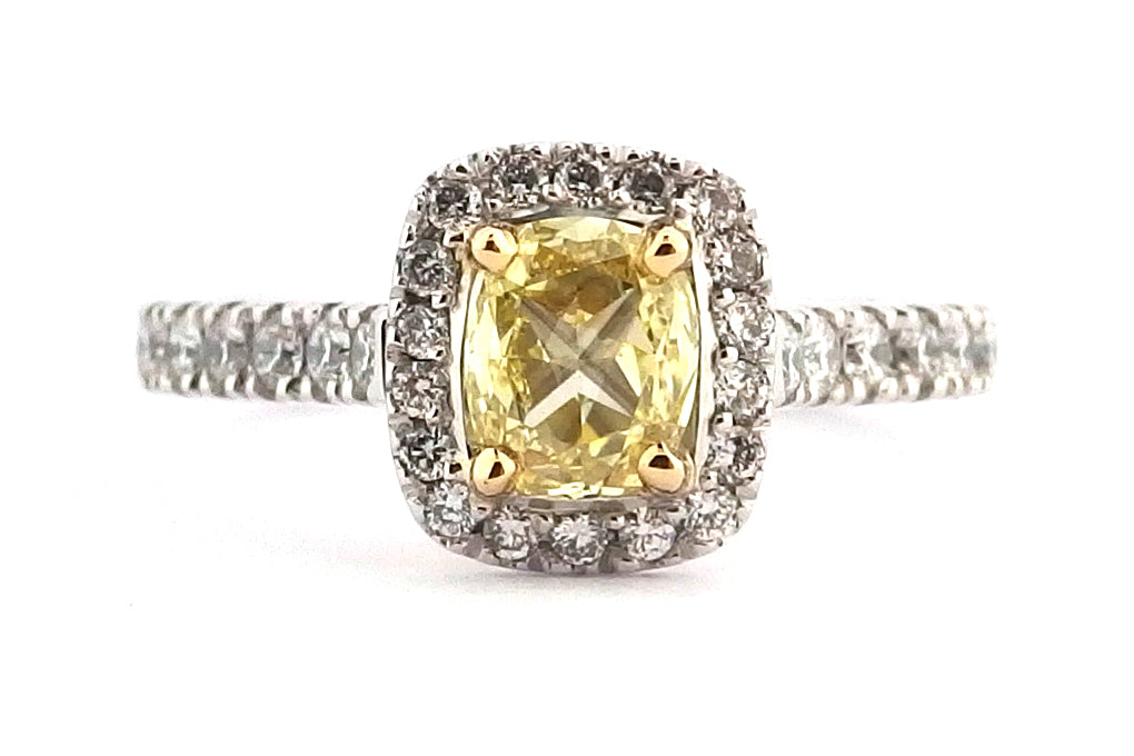 Yellow cushion cut diamond halo ring