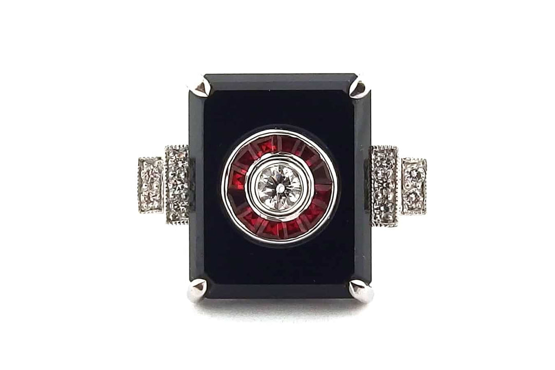 Art Deco Black Spinel Ruby and Diamond Ring