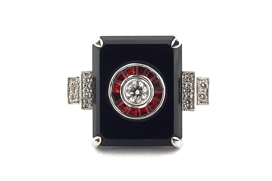 Art Deco Black Spinel Ruby and Diamond Ring