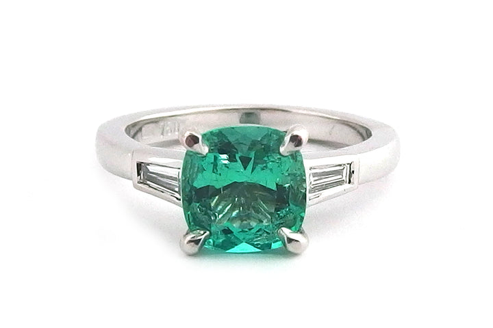Cushion Cut Emerald Ring with Tapered Baguette Side Diamonds