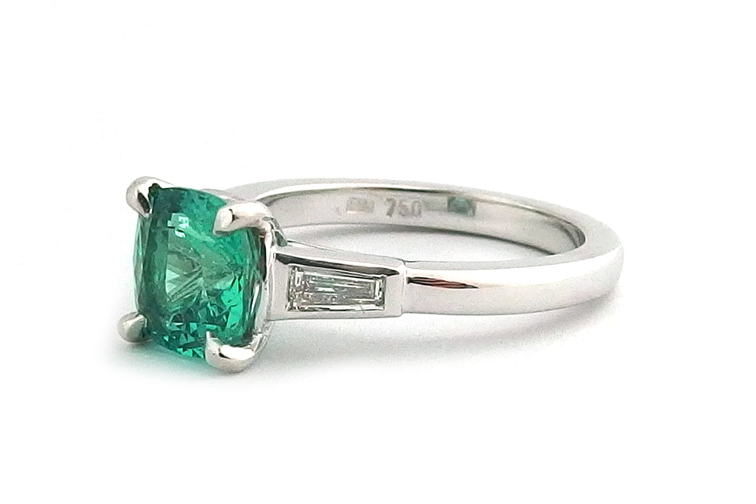 Cushion Cut Emerald Ring with Tapered Baguette Side Diamonds