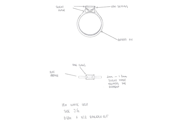 Emerald cut diamond horizontally set, flat band