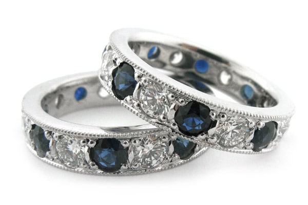 Matching pair of sapphire and diamond bead set ladies rings