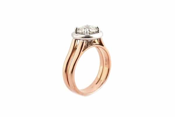 Rose and white gold round brilliant cut double band ring