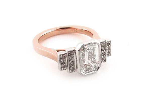 Rose gold Emerald diamond art deco ring
