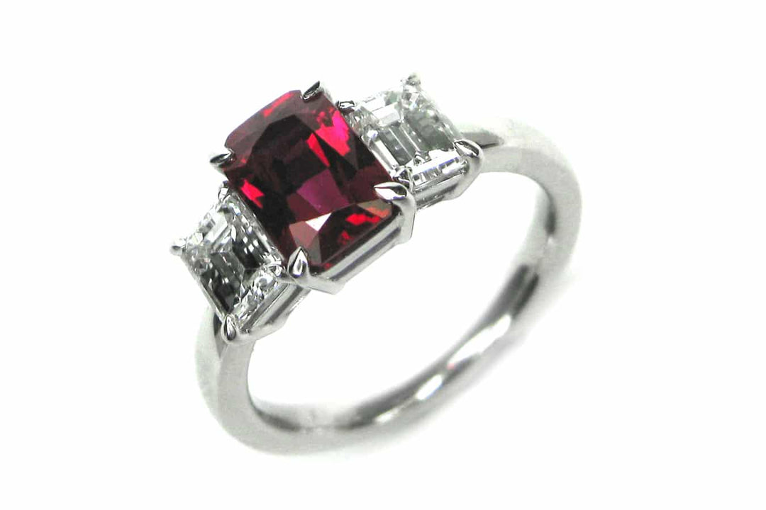 Three stone ruby and diamond ring