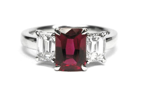Three stone ruby and diamond ring