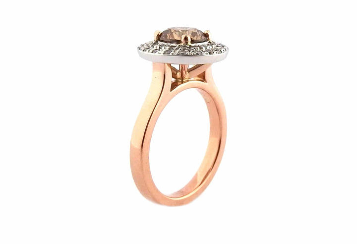 Two tone champagne diamond double halo ring