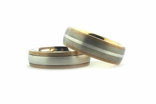 Yellow and white gold mens matching rings