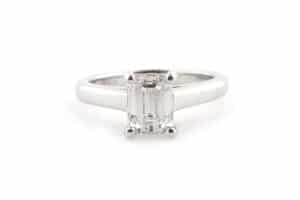 Emerald cut diamond claw set solitaire ring