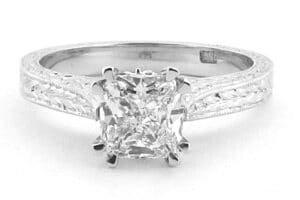 cushion cut diamond ring with engraving on band