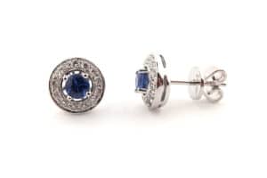 Diamond and blue sapphire halo earrings