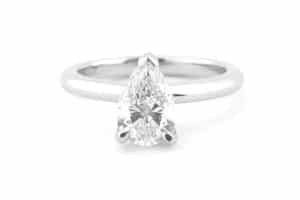 18ct white gold pear shape diamond ring, claw set, rounded band