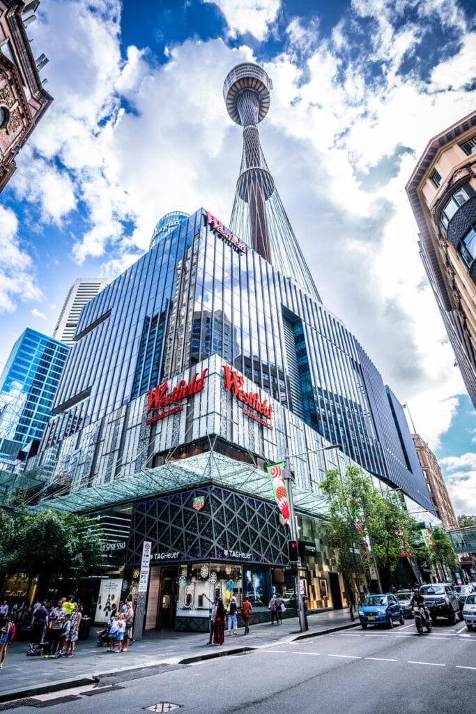 23th December 2018, Sydney NSW Australia: vertical low-angle street view in Sydney CBD with Westfield shopping centre and Sydney tower eye and people in NSW Australia