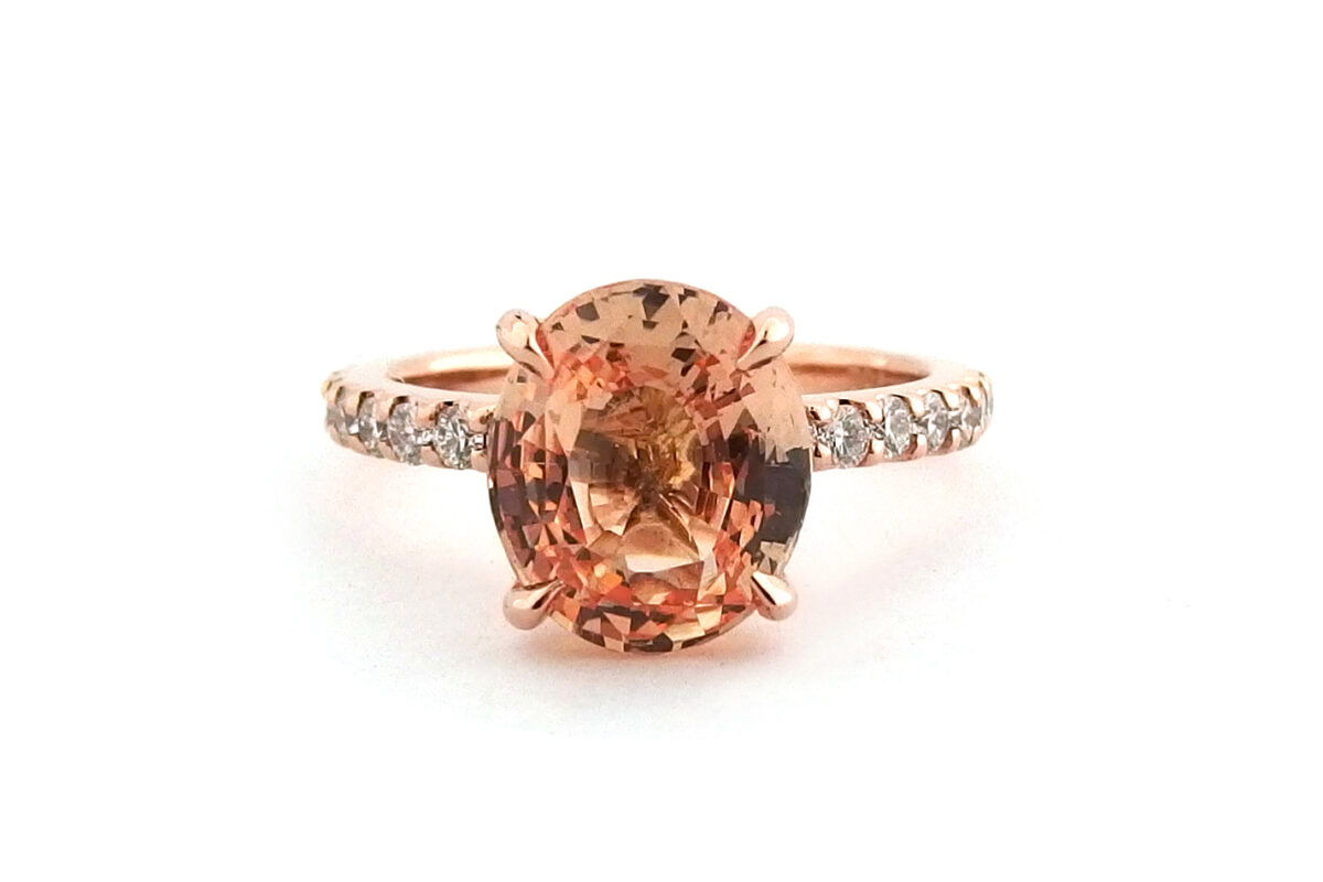 18ct rose gold peach coloured sapphire engagement ring