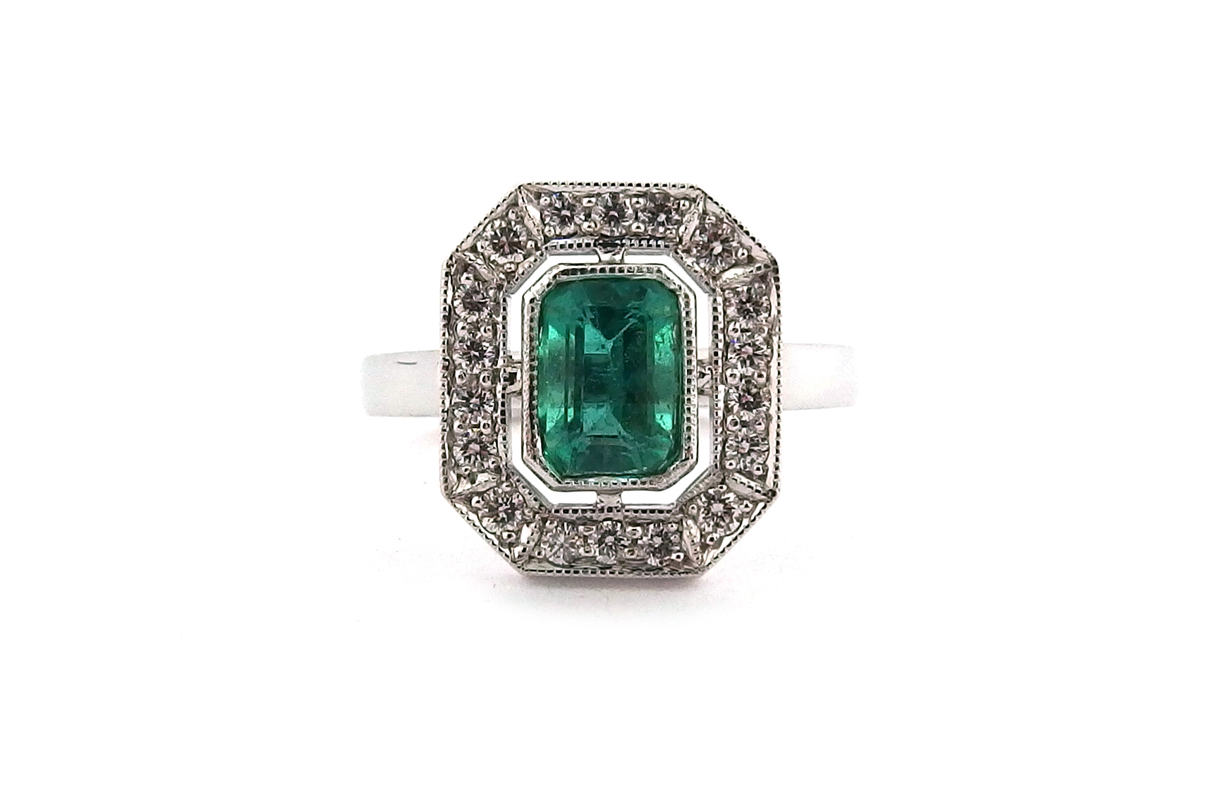 18ct white gold emerald cut emerald halo ring | Max Diamonds